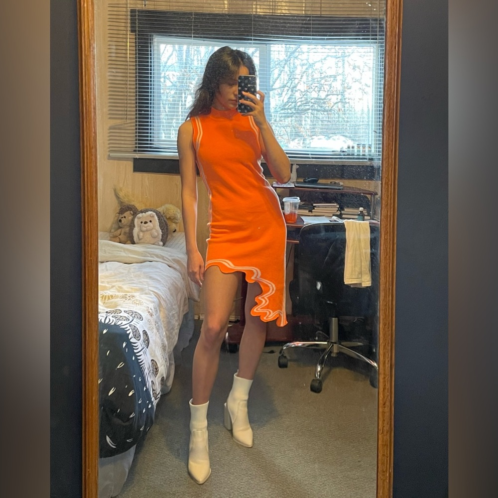 Simons asymmetrical orange mini dress